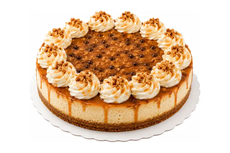 Whole Turtle cheesecake with caramel and whipped cream rosettes, made for wholesale