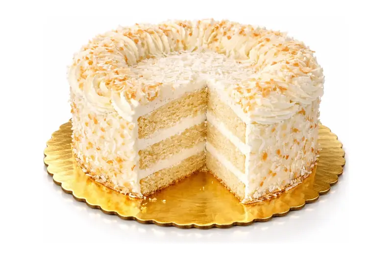 Coconut cream layer cake with a slice cut out