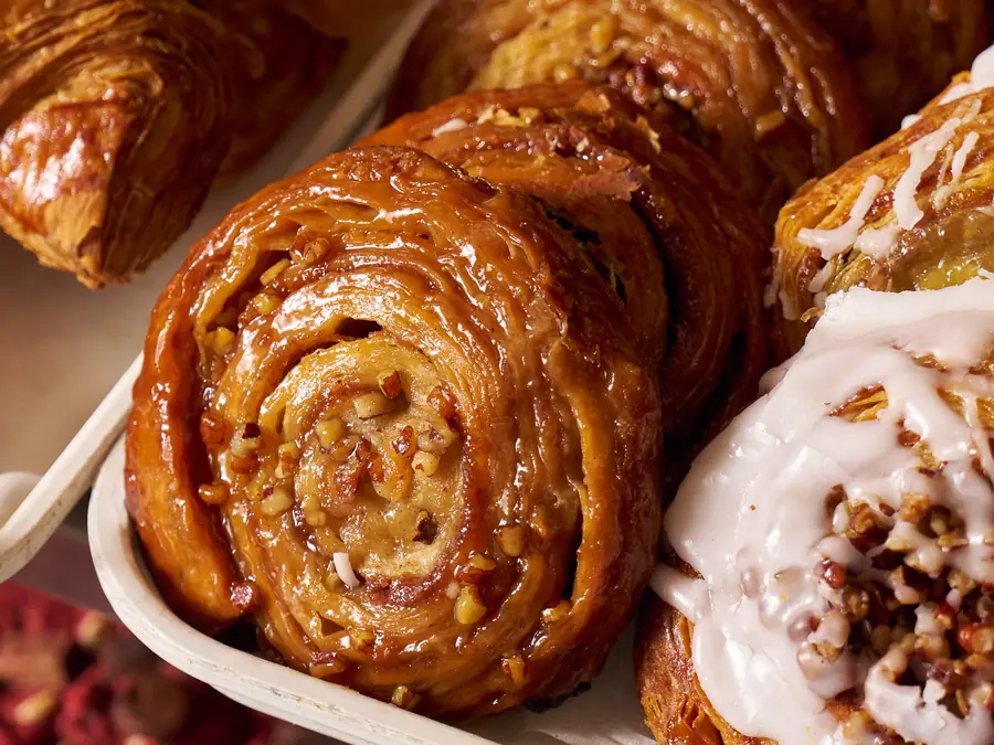 Pecan swirls and glazed pastries in the Saffron bakery case